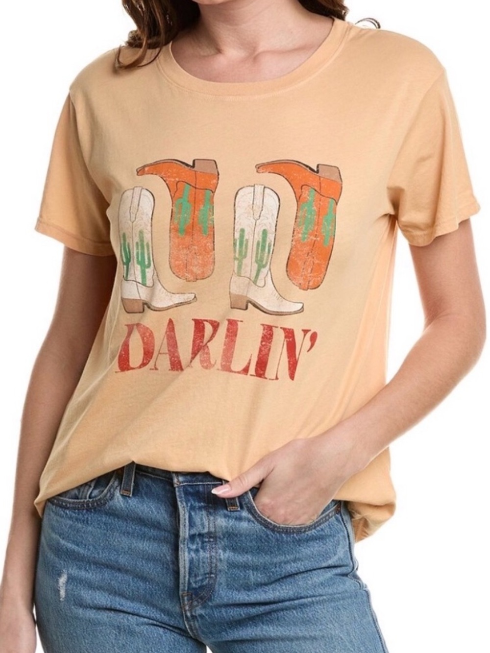 Project Social T Darlin Cowgirl Boots Graphic Tee Tan Orange Western Boho M NWT